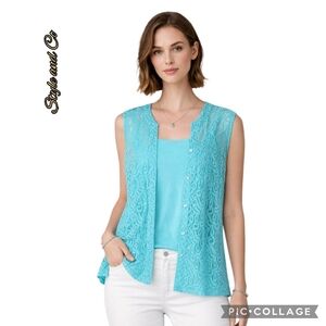 Style & Co tank top 2 piece aqua & lace vest sleeveless button+ pocket nwt